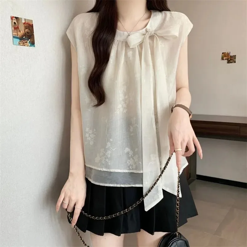 

Women's Sheer Blouse Tie Neck with Floral Jacquard Sleeveless Design Shirts