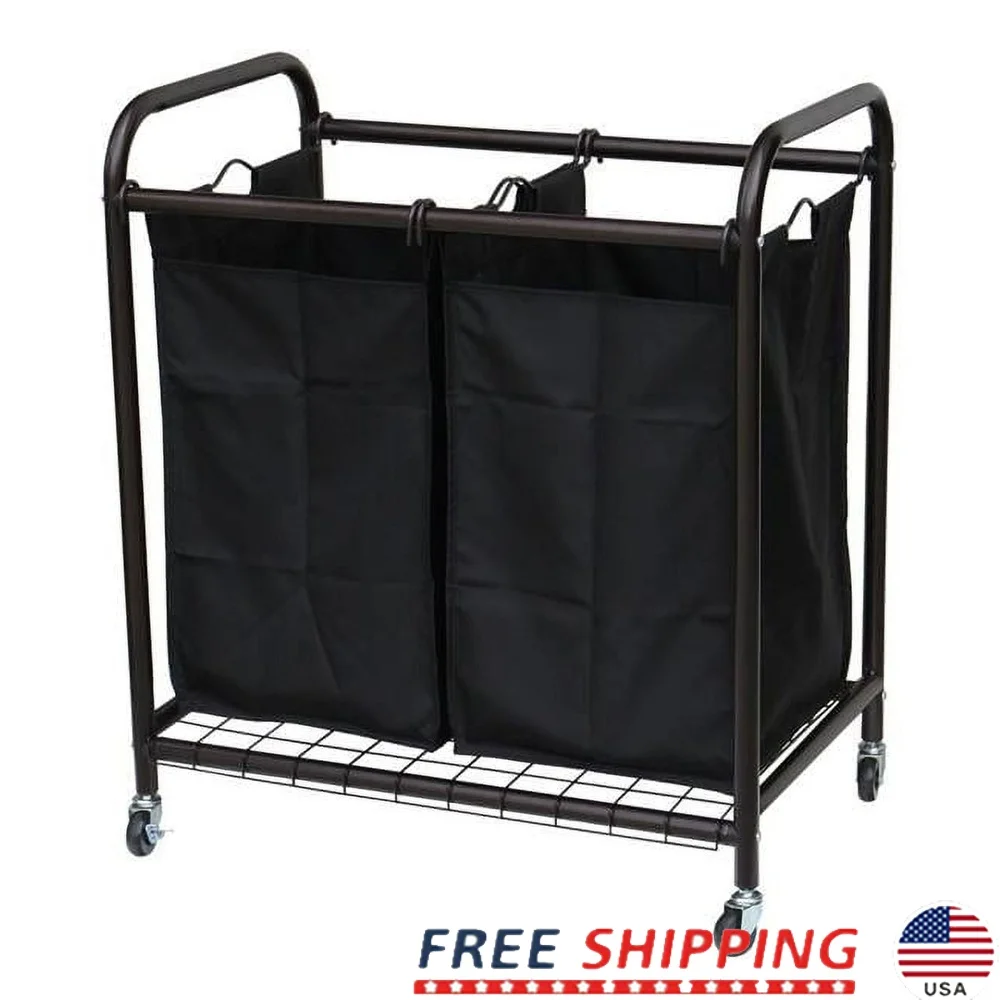 

2-Bag Rolling Metal Laundry Sorter with Wheels Durable Laundry Organizer Home Dorm Apartment Easy Transport and Assembly