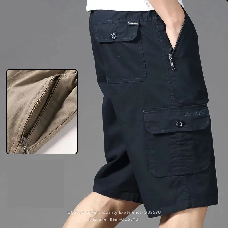 High Quality New Men's Elastic Waist Work ShortsFashion Loose Straight Cargo Shorts Cotton Beach Running Short Pants Plus Size