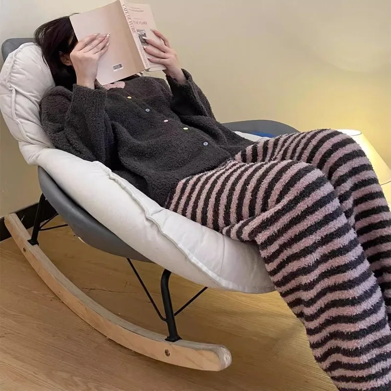 Fashion  Autumn Winter Pajamas Women's Outer Wear Korean Version Cardigan Fleece Top Striped Trousers Coral Fleece Two-piece Set
