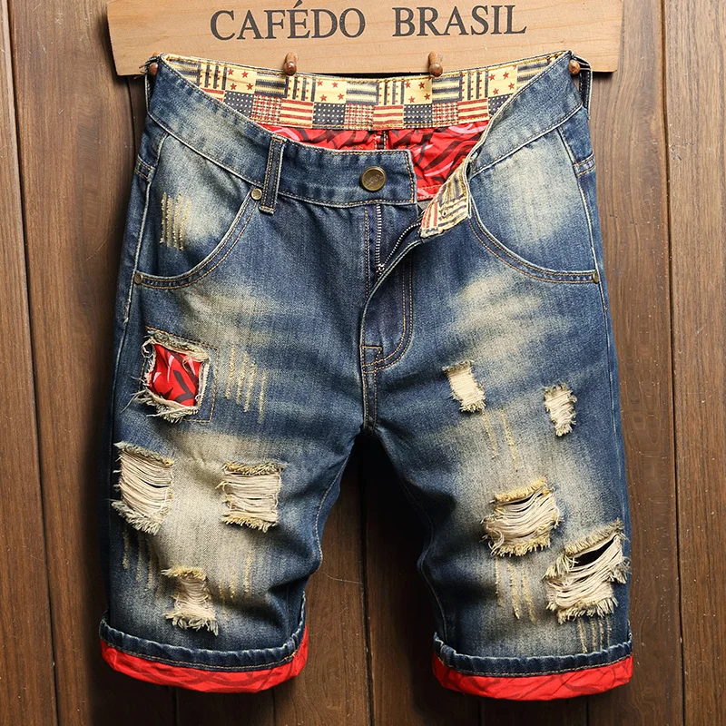 2025 Summer Ripped Denim Shorts Men's Loose Splicing Knee-length Casual Short Jeans Personality Streetwear Hip Hop Male Clothes