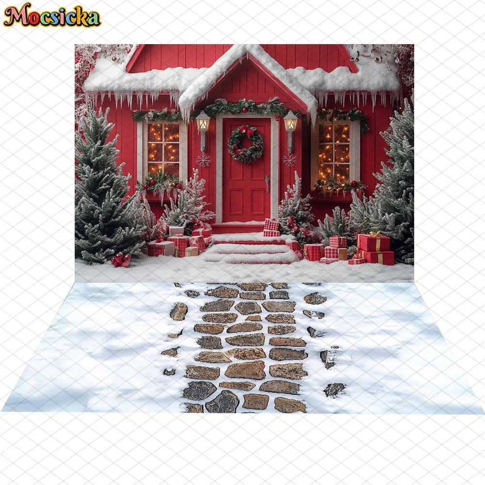 Mocsicka Red Christmas House Background Photography Winter Snow Tree New Year Party Decoration Adult Child Photo Backdrop Banner - Image 4