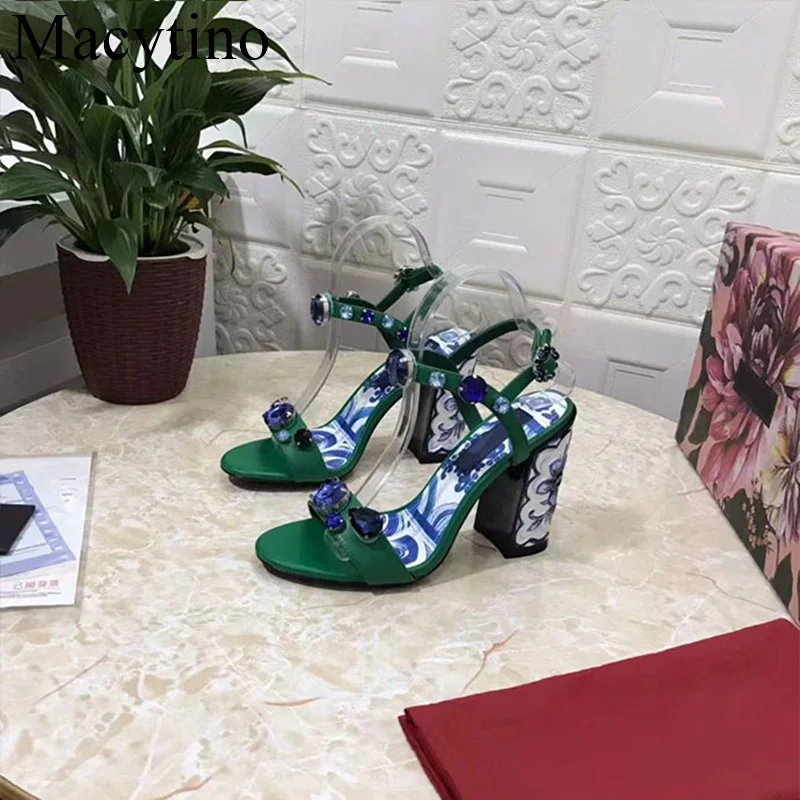 2024 New Brand Women Sandals Summer Shoes Blue And White Porcelain Print Sandals Rhinestones  Pumps Red Black Green