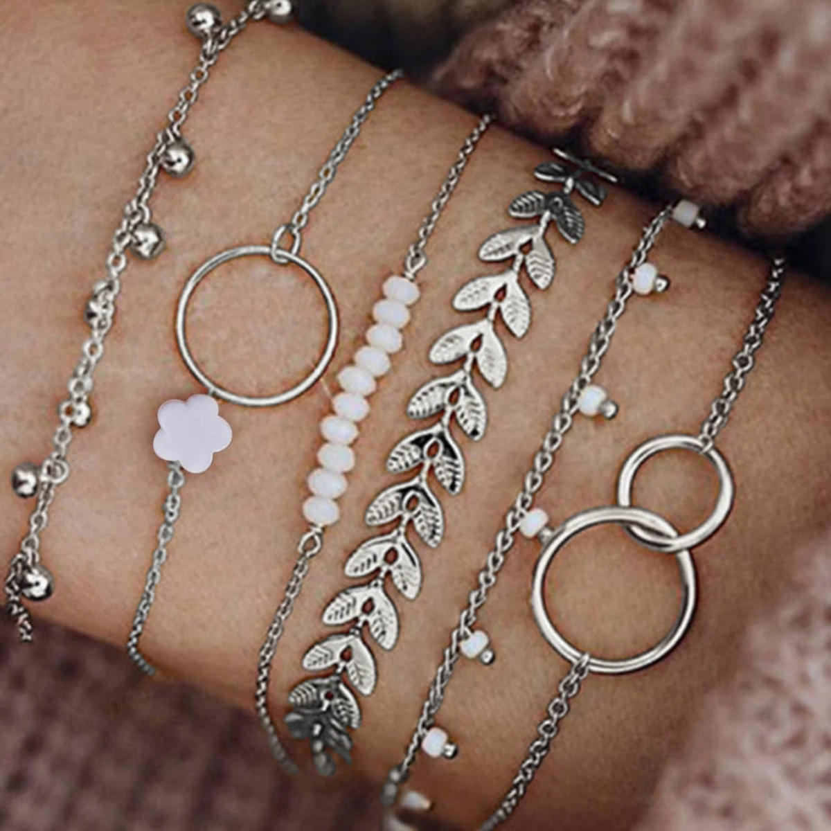 6 Pcs/Set Boho Style Link Chain Bracelet Set Stackable Hand Chain Bracelet Set For Women Jewelry Accessories