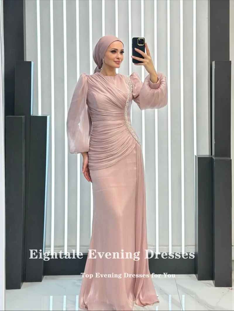 Eightale Abito da sera arabo O-Collo Pieghe Crepe Personalizzato Perline lucide Lunghezza pavimento Sirena Rosa Abito da cerimonia nuziale da ballo