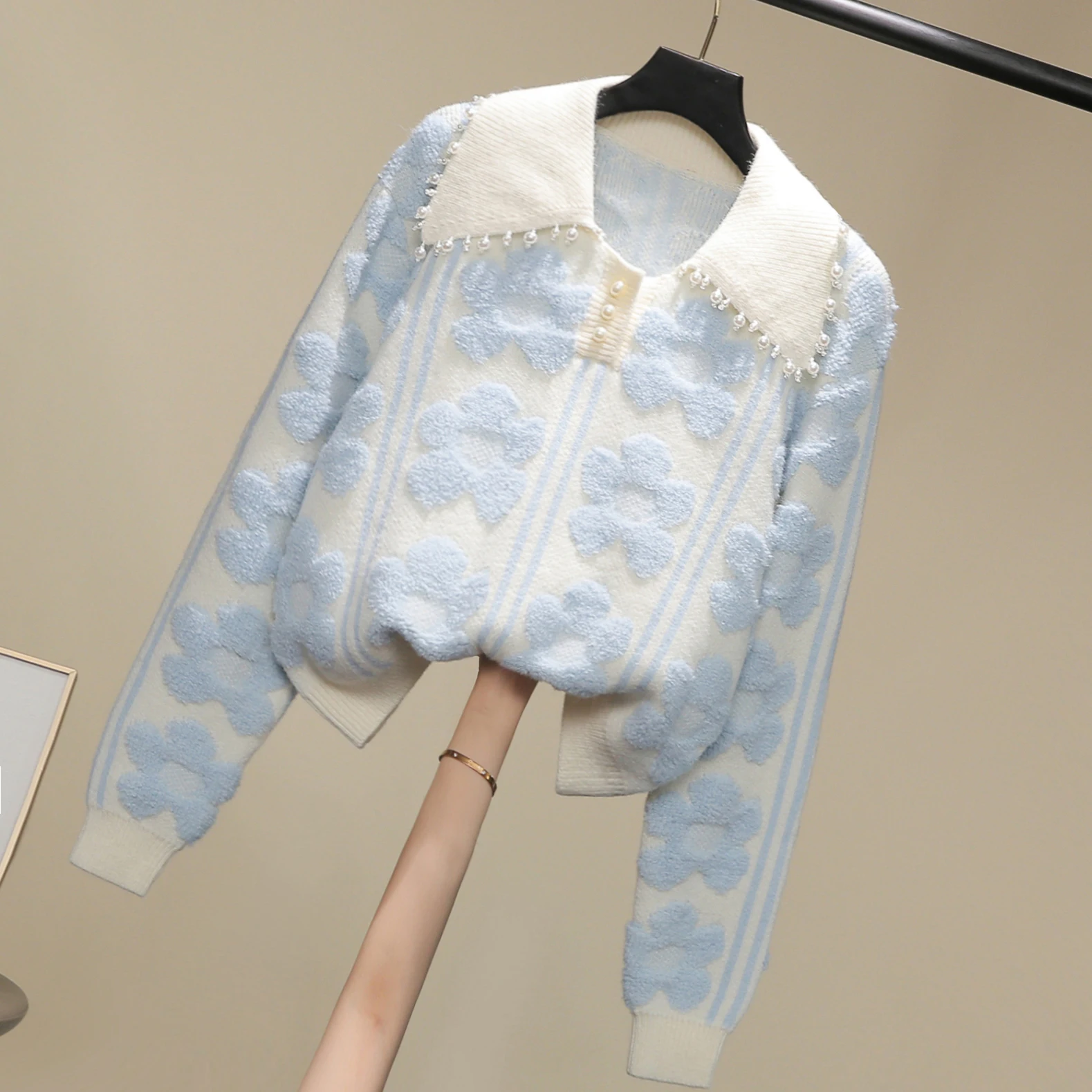 

Sweet Pearl Doll Collar Sweater ort Long Sve Women's Knitted Top Floral Design Autumn Winter Faion Commute Sle Pure ...