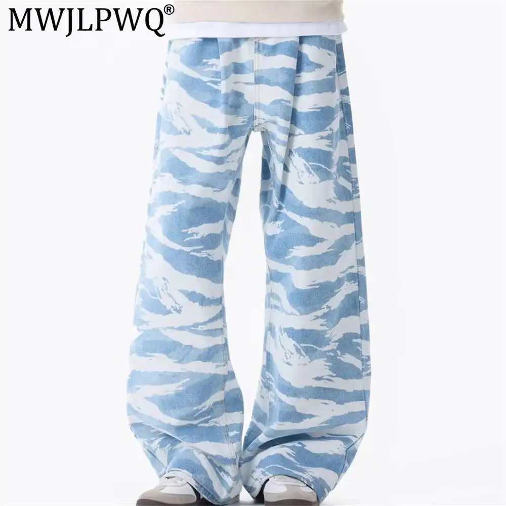 MWJLPWQ Print Tie-Dye Camouflage Loose-Fit Straight Jeans For Men American Trendy Pleated Design Wide-Leg Trousers Autumn 20284