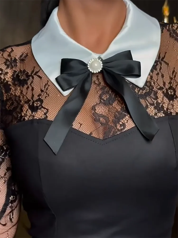 Büro Frauen Klassische Spitze Patchwork Kleid Frühling Elegante Drehen Unten Kragen Damen Kleid Weibliche Casual Langarm Slim Fit Kleid