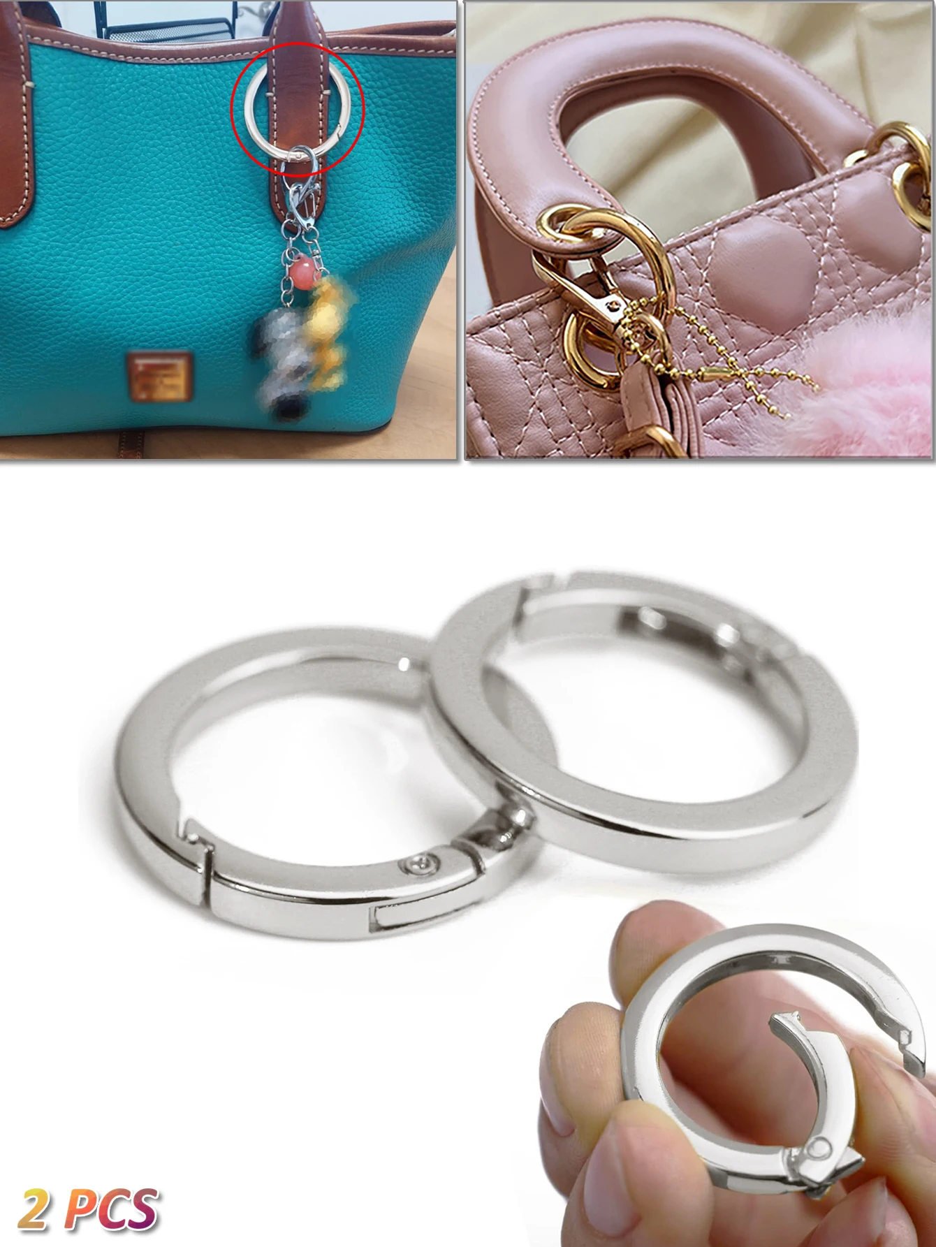 2 Stück dicker O-Ring für Geldbörsenriemen, Federringe, 1/1,25/1,5 Zoll Durchmesser, Handtaschen- und Schlüsselzubehörhalter, hellgold/silber – Detail 2