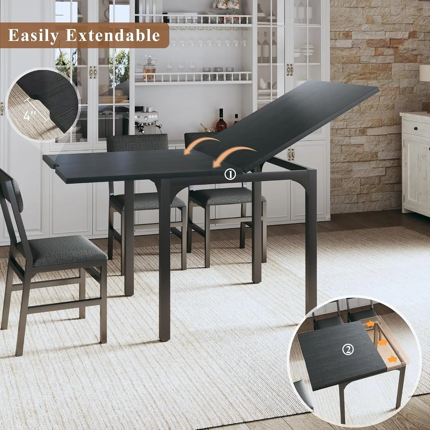 Seven Piece Dining Table Set, Extendable Kitchen Desk With Six Cushion Chairs, Folding Rectangle Eating Station, Space Saving Apartment Furniture, Modern Industrial Style, Black, Seven Piece Set