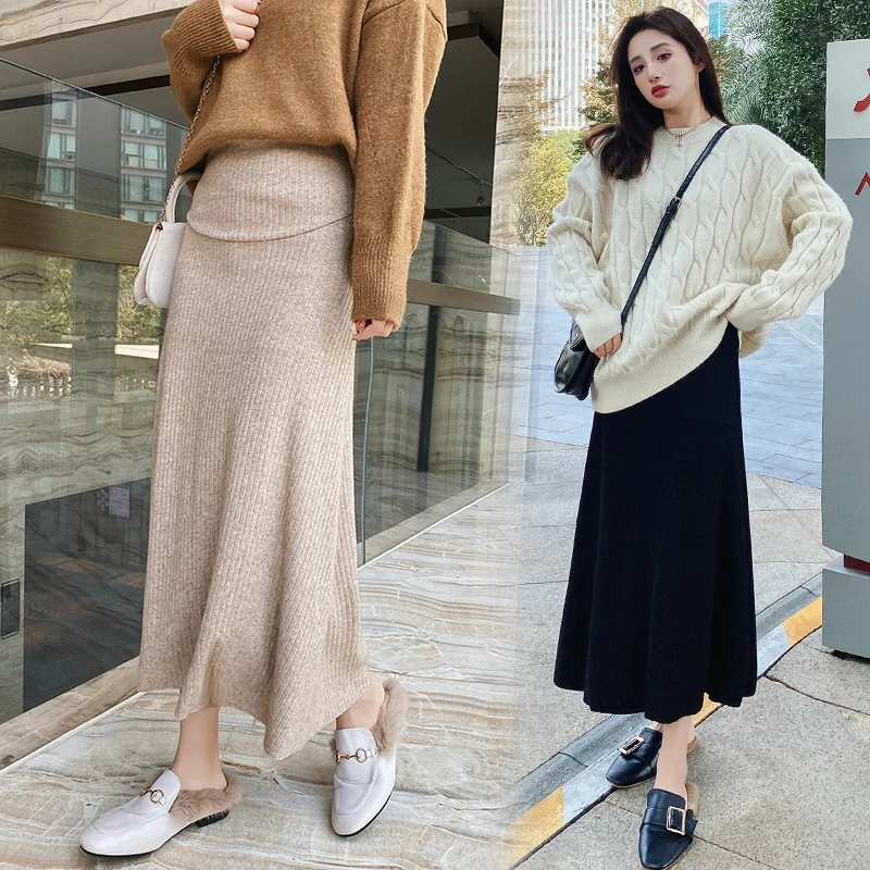 

2508# Autumn Winter Thicken Cashmere Knitted Maternity Skirts Elastic Waist Belly A Line Long Skirts Clothes for Pregnant Women