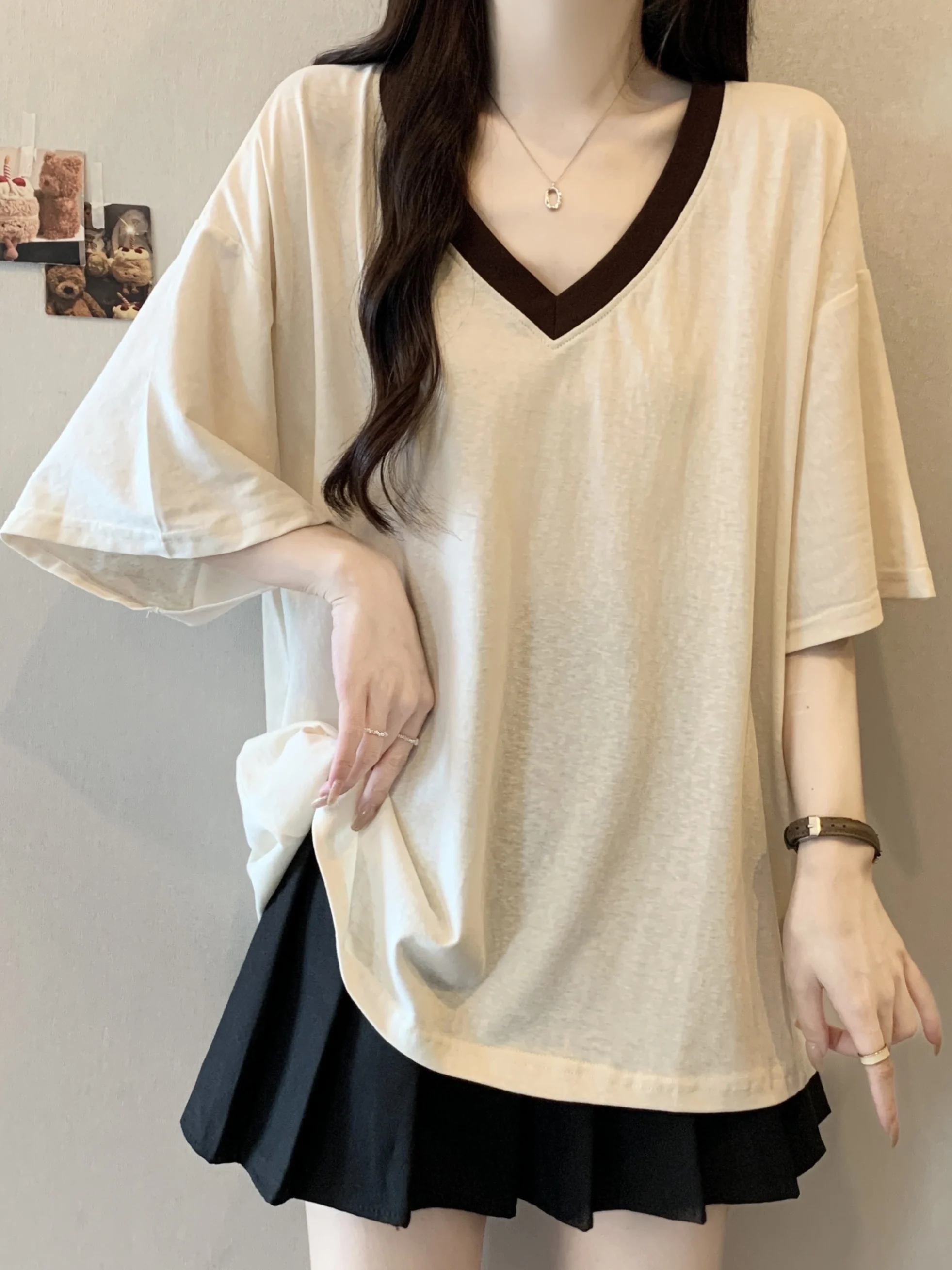 Loose V-Neck Short Sleeve T-Shirt Women's Summer Casual plus Size Conceals Belly Flattering Korean Style Comfortable Top