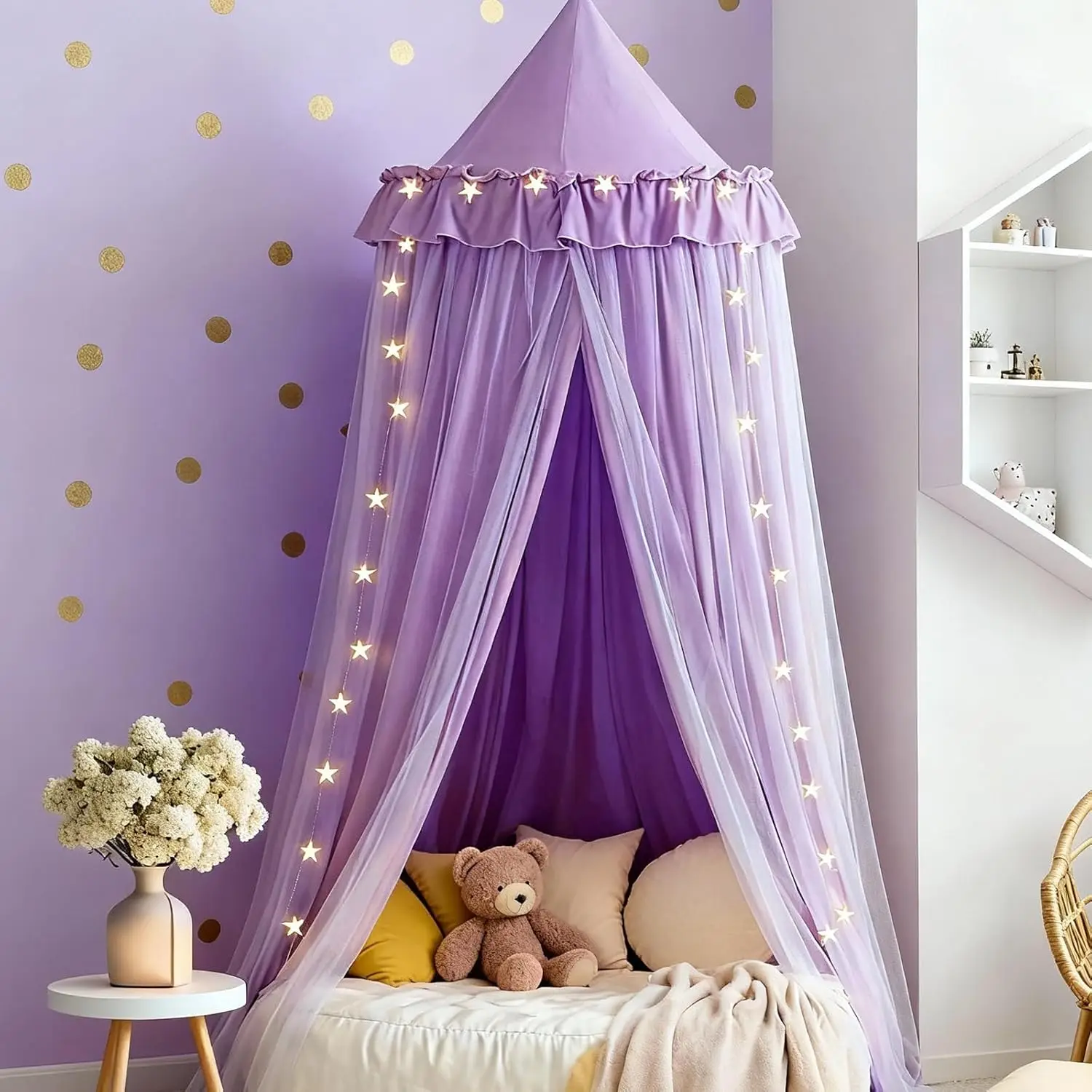 

Double Layer Princess Bed Canopy with Star Lights, Breathable Kids Dreamy Play Tent for Twin Bed, Machine Washable in Purple