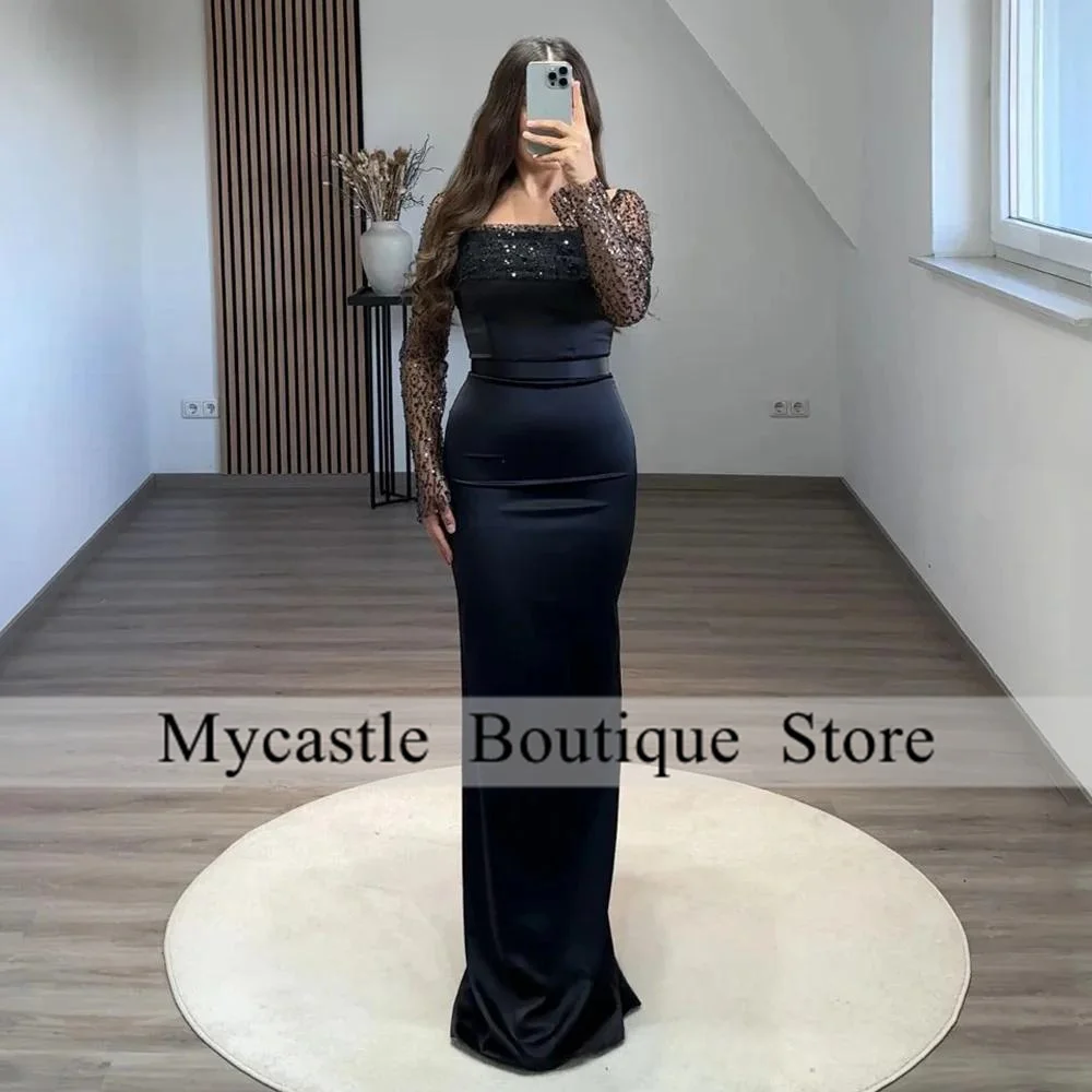 

Black Sequins Lace Evening Dress Customized Square Neck Long Sleeves Floor Length Satin Mermaid Prom Gown Pageant Party Dresses