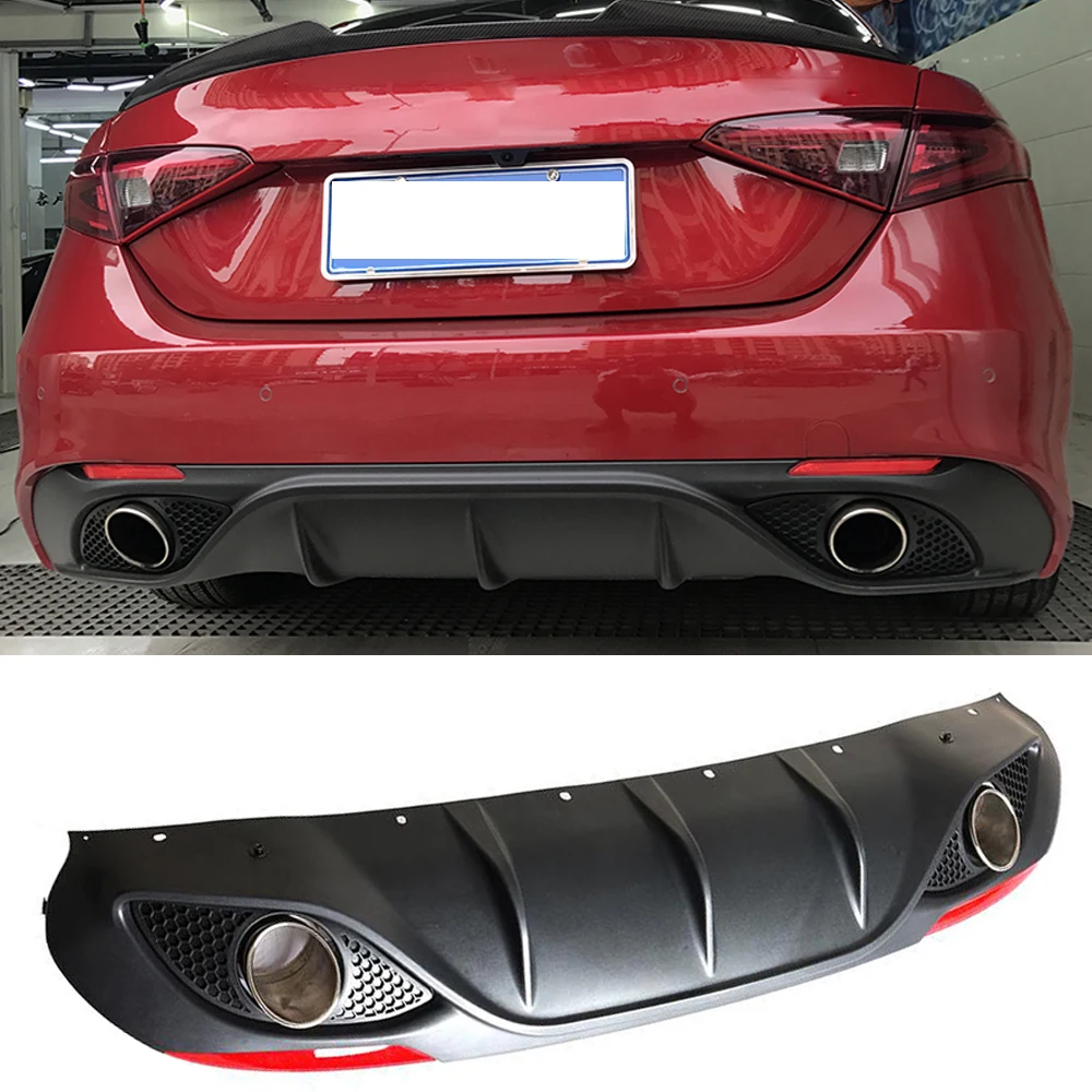 Black PP Car Rear Bumper Lip Diffuser Spoiler With Exhaust Tips for Alfa Romeo Giulia Sedan 4 Door 2016 2017 Quadrifoglio TI