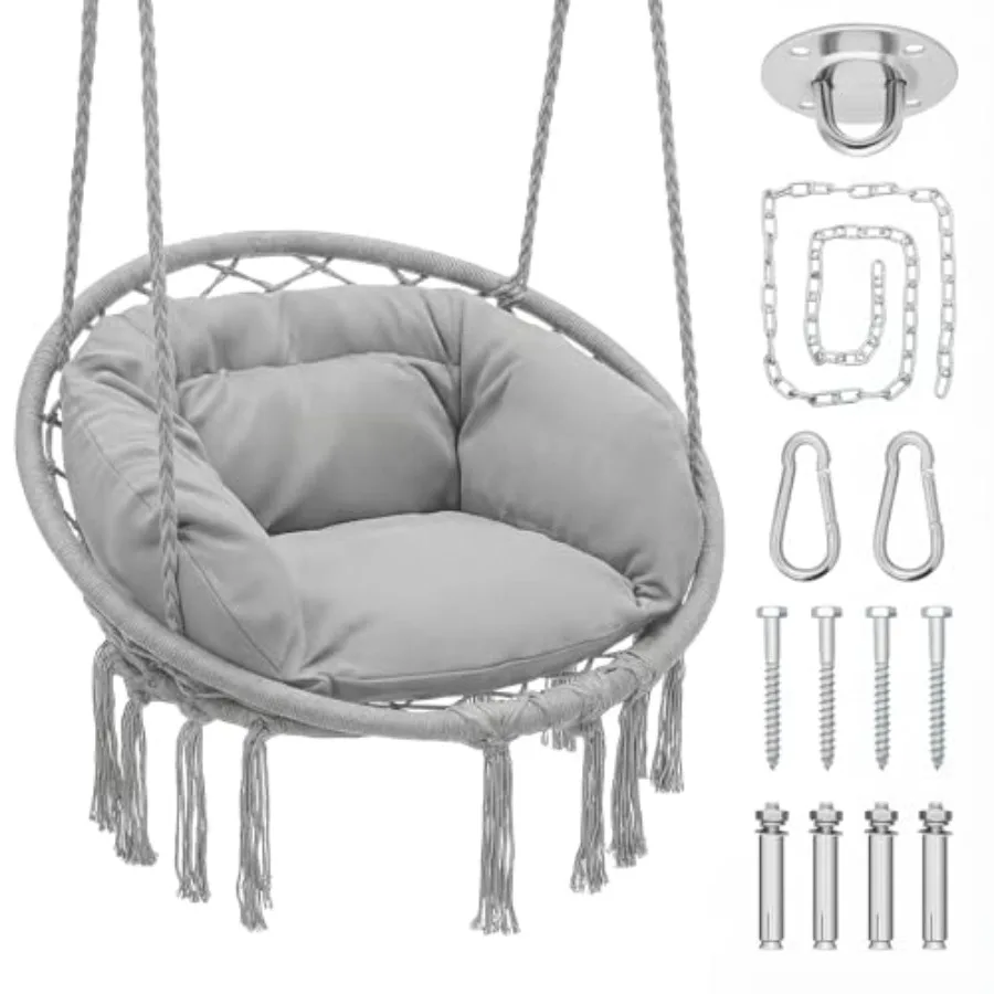 

Подвесное кресло-гамак с удобной полноразмерной подушкой, макраме, для дома и улицы, грузоподъемность 350 фунтов, декоративное подвесное кресло-качели