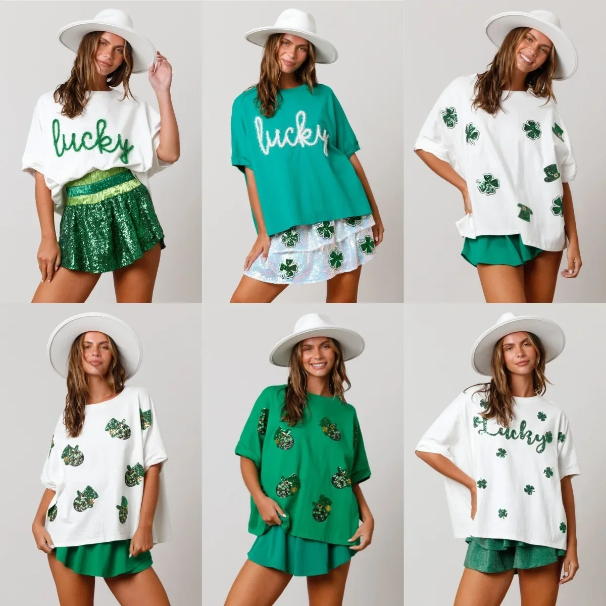 

2024 Spring New Clover Hat Sequin Top Cotton Comfort Tshirt Short Sleeve Loose T-shirt For Women