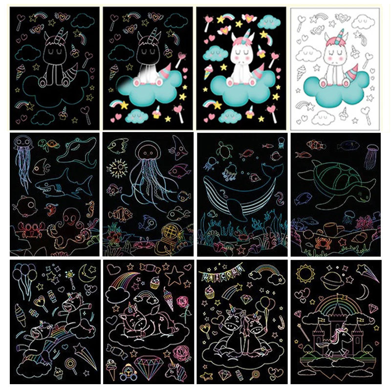 18 PCS Scratch Painting Papers Magic Rainbow Colored Drawing Set Space Animal Ocean Pirate Bamboo Stick Gifts for Boys Girls ZYF