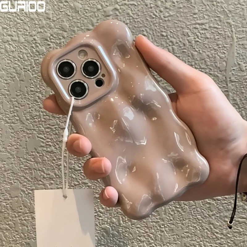 3D Wave Glossy Candy Silicone Case For iPhone 16 15 Plus 14 13 12 11 Pro Max Ins Solid Color Meteorite Texture Shockproof Cover