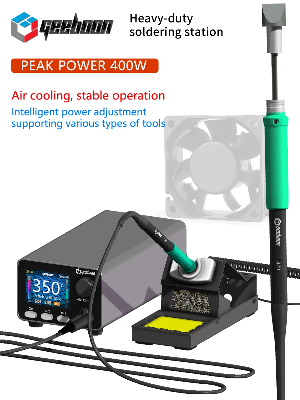 GEEBOON HC24 400W Heavy-duty soldering station compatible with 115/210/245/470/T12 soldering tip color curve display