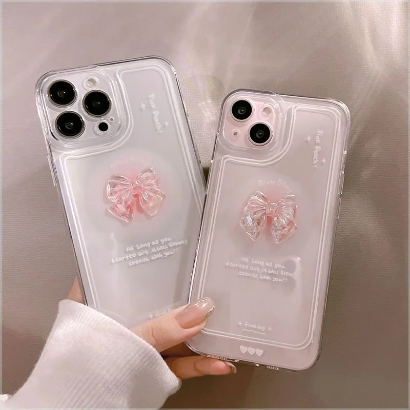NEW 3D Bow Transparent Phone Case For IPhone 15 14 16 Plus 11 12 Pro Max 13 Mini X XR 7 8 Plus SE2 Crystal Candy Cute Soft Cover