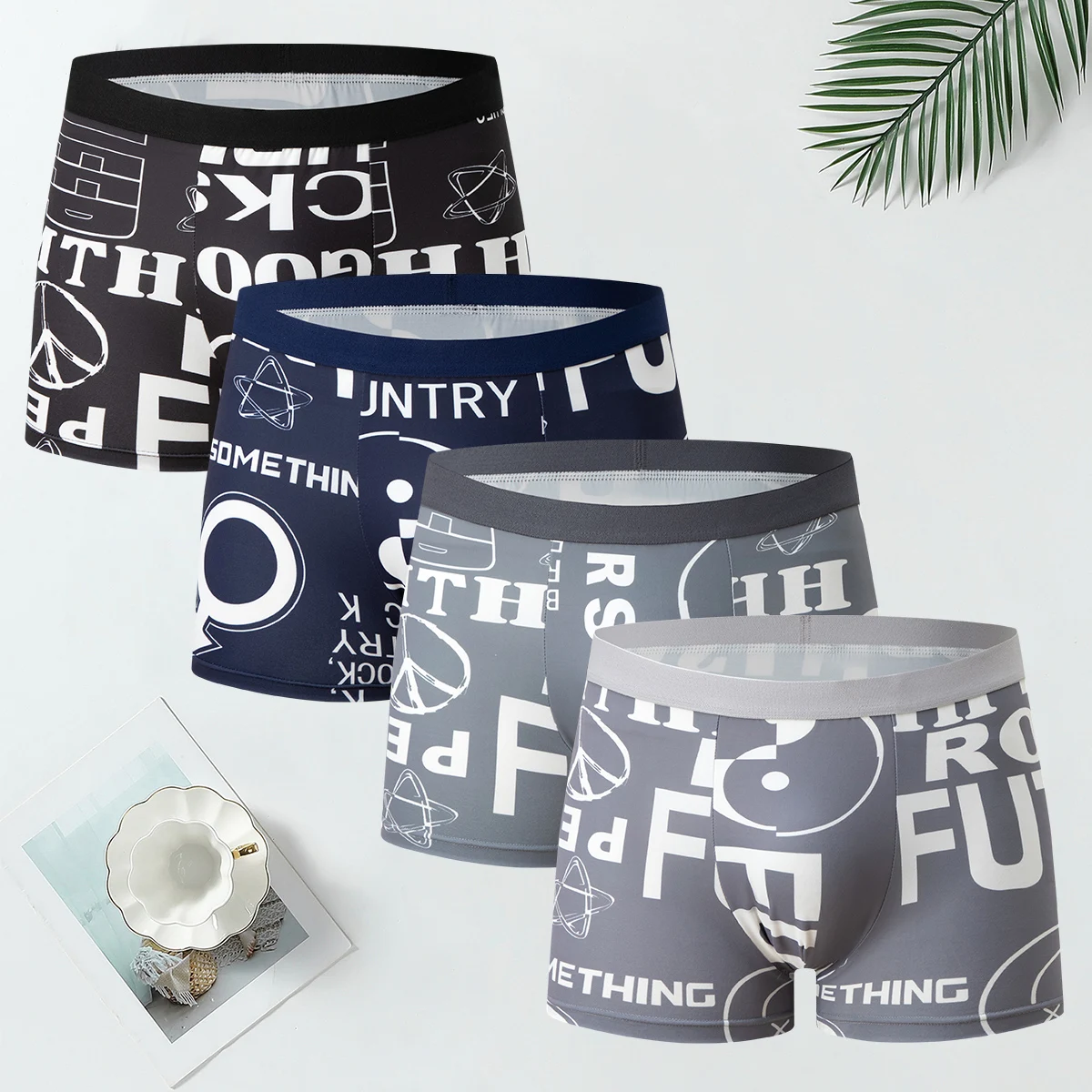 4-teiliges Set bedruckter Unterwäsche für Männer und Jugendliche, bequeme flache Boxershorts mit elastischem Bund, mehrfarbige Freizeitshorts – Detail 24