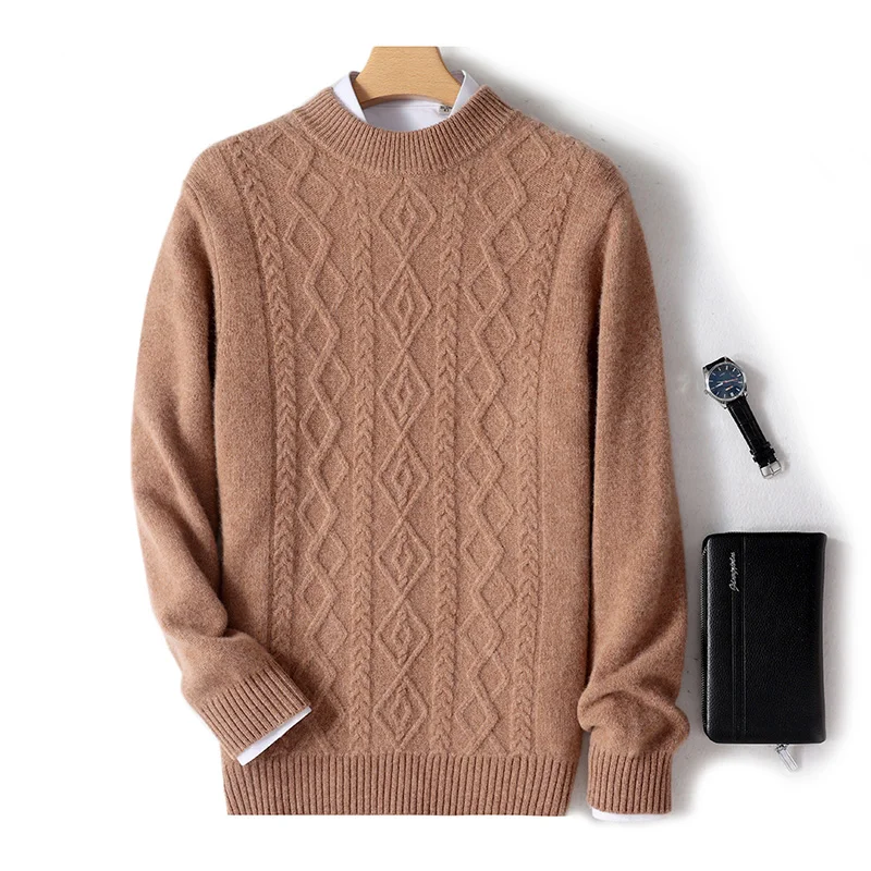 ハイエンドメンズピュアウールセーター O ネックツイストフラワー厚いプルオーバー 100% メリノウールニットウェア秋冬スマートカジュアルトップス