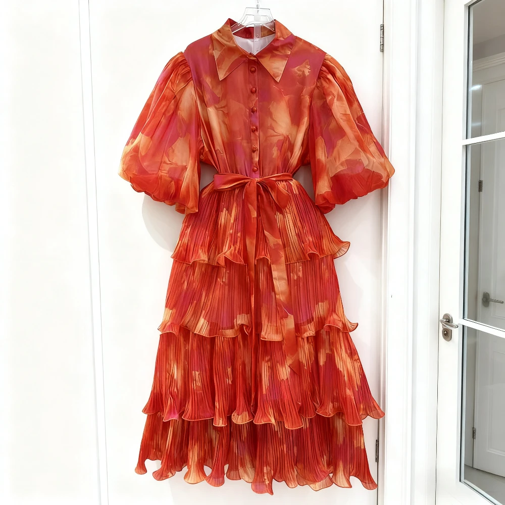 Vgh vintage luxuoso vestido para mulheres lapela meia manga cintura alta emendado rendas até em camadas vestidos de bolo roupas de moda feminina