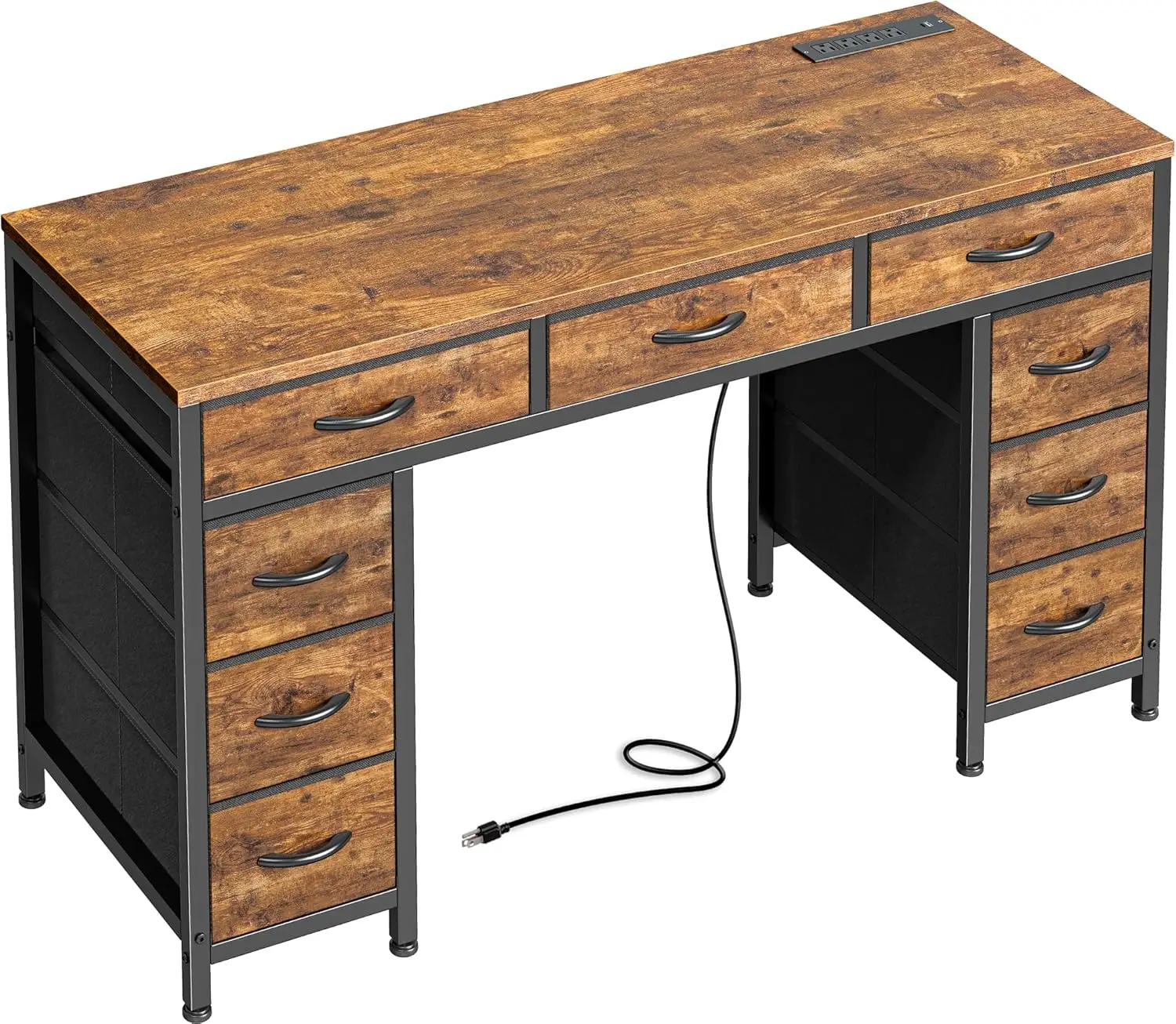 

47 Inch Office Desk with Outlets, Computer Desk with 9 Fabric Drawers, Writing Gaming Work Study Desk for Bedroom, Living Room