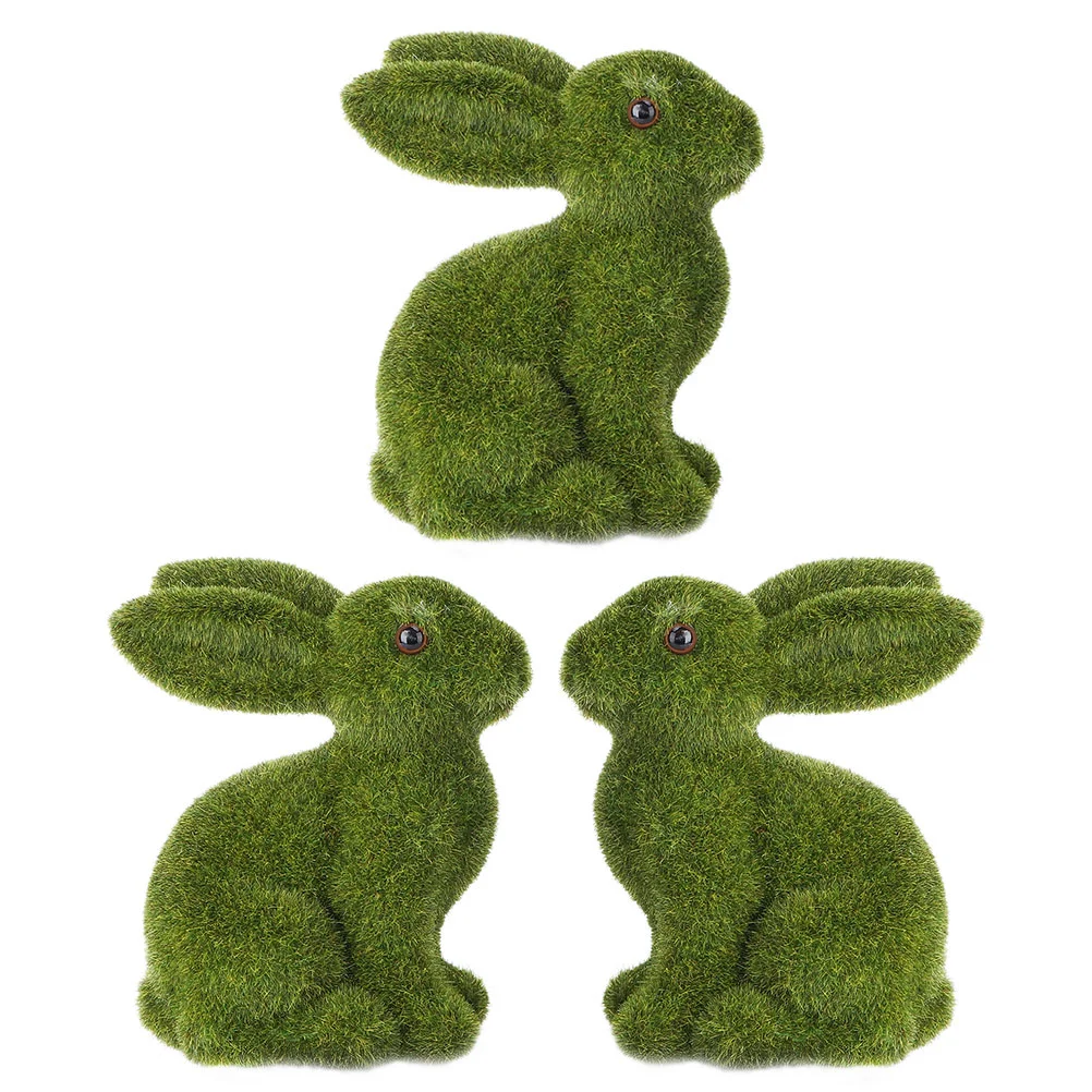 3 Pcs Artificial Grass Rabbit Ornament The Animal Easter Furry Flocked Bunny Resin Moss Decoration