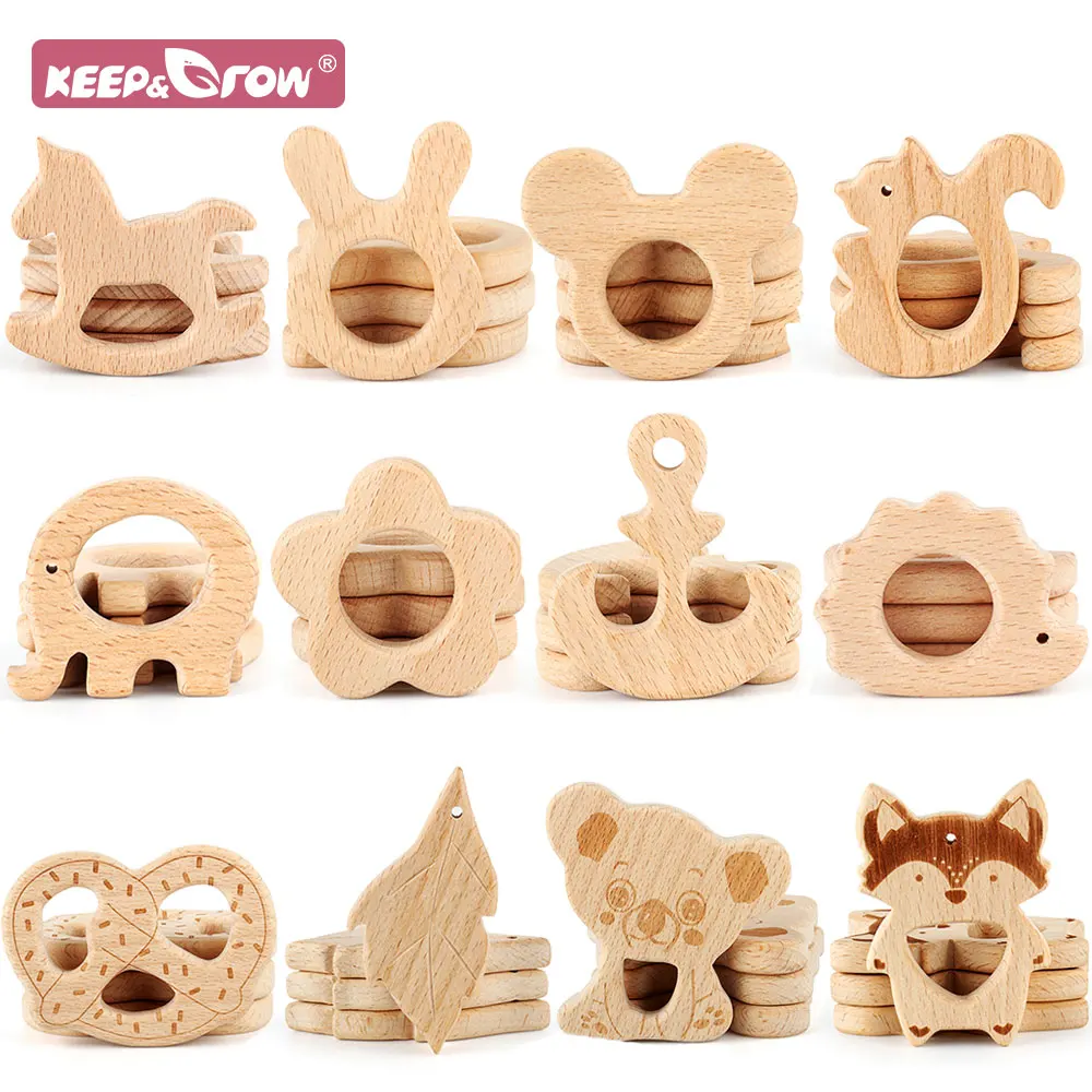 

3pcs Beech Wooden Teether Cartoon Animals Rodent Food Grade Tooth Pendant Nursing Toy Baby Wood Teether Teething Accessories