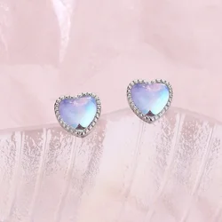 Sweet Moonstone Love Heart Earrings for Women Girl Cute Stud Earring Korean Fashion Silver Color Trendy Jewelry Gift