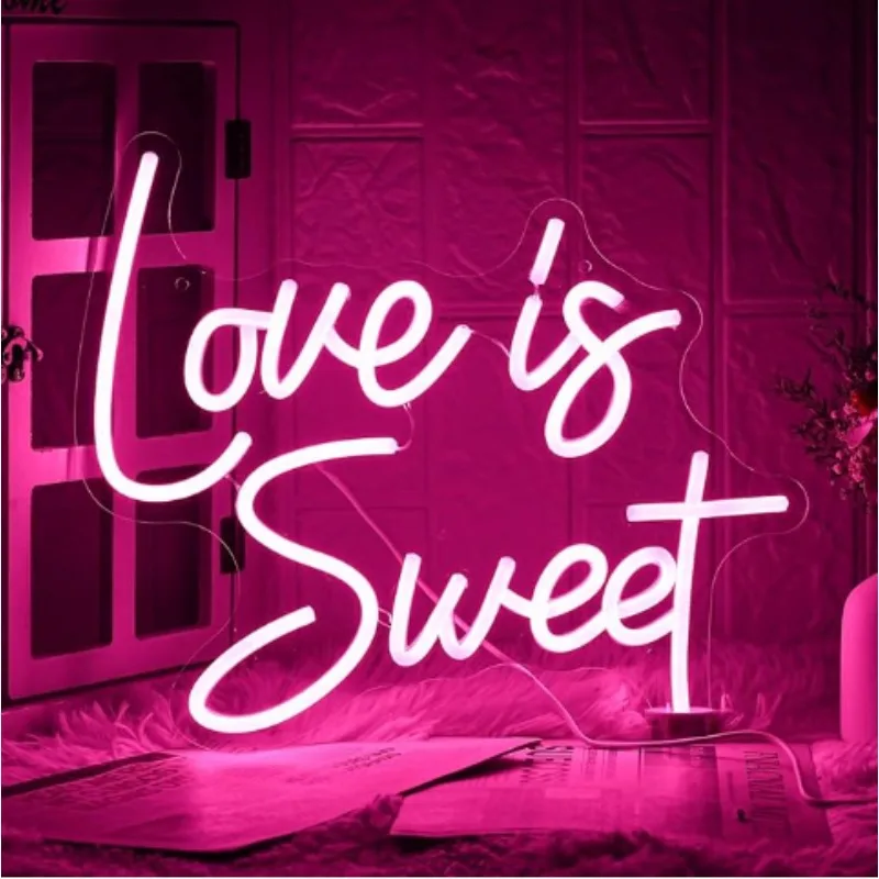 "Love is Sweet" Neon różowa dioda LED lekki stół deserowy z przyciemnianiem światła dekoracje ślubne dekoracje zaręczynowe prezent na walentynki