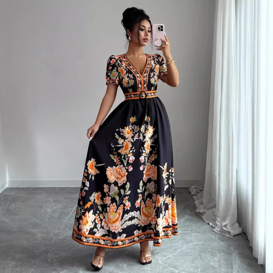 2026 2026 Spring New V-neck Ethnic Style Printed Satin Wrap Long Dress Summer Long Dress Beach Party Midi Vestidos - Aliexpress Deal
