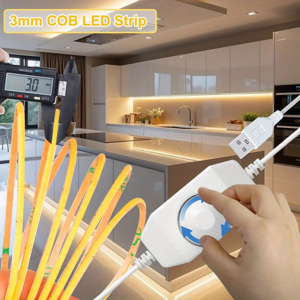 USB COB LED Strip Knob Switch COB Strip Light with Adjustable Color Temperature (Warm/White) & Dimmable Brightness Knob Switch