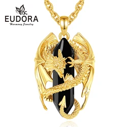 Eudora Dragon Twining Hexagonal Obsidian Prismatic Necklace Punk Healing Stone Crystal Pendant personality Jewelry Man Women