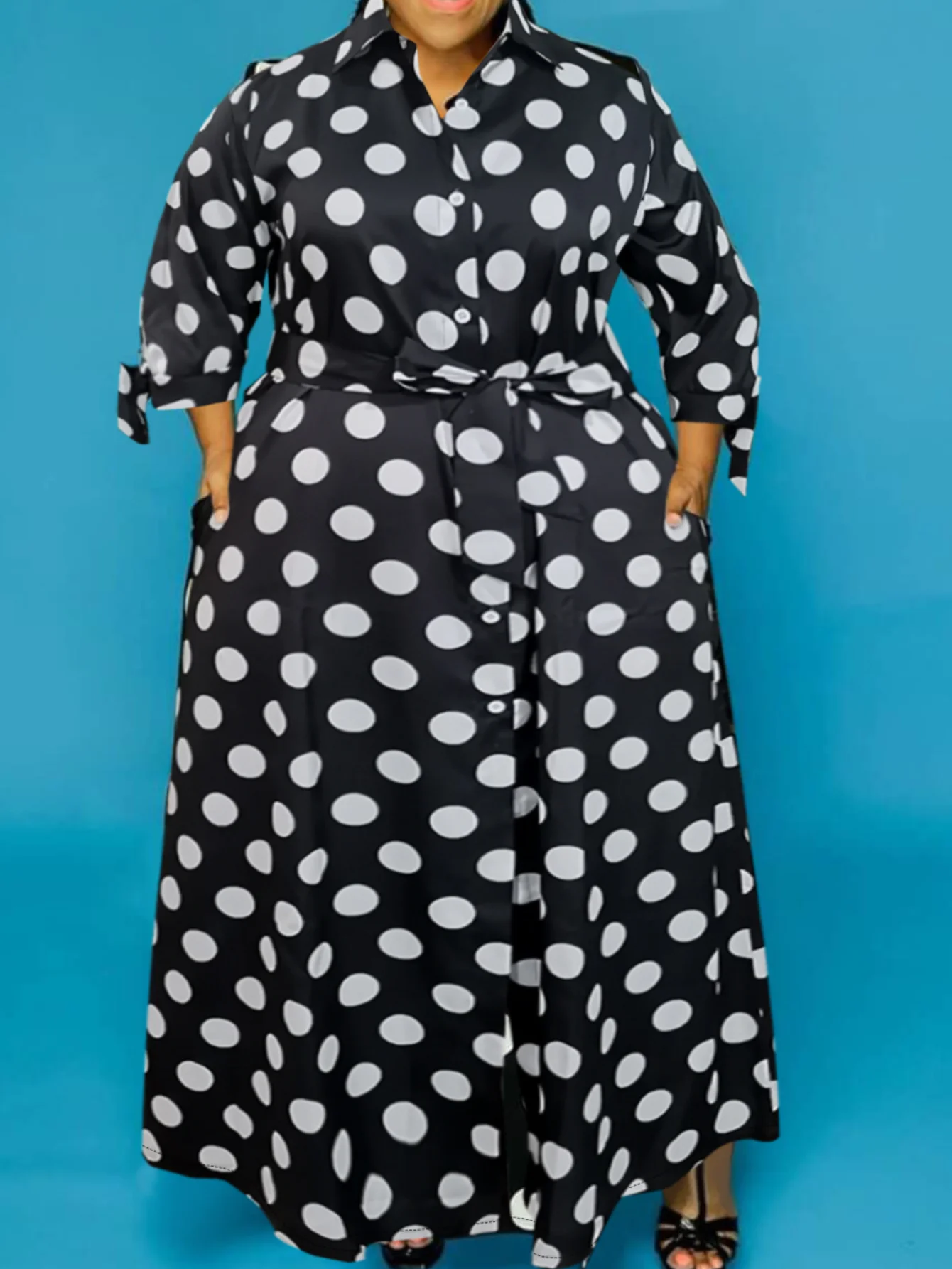 

LW Plus Size dresses Trendy Dot Print Shirt Dress Autumn winter long sleeve maxi dress casual large size loose dress vestido