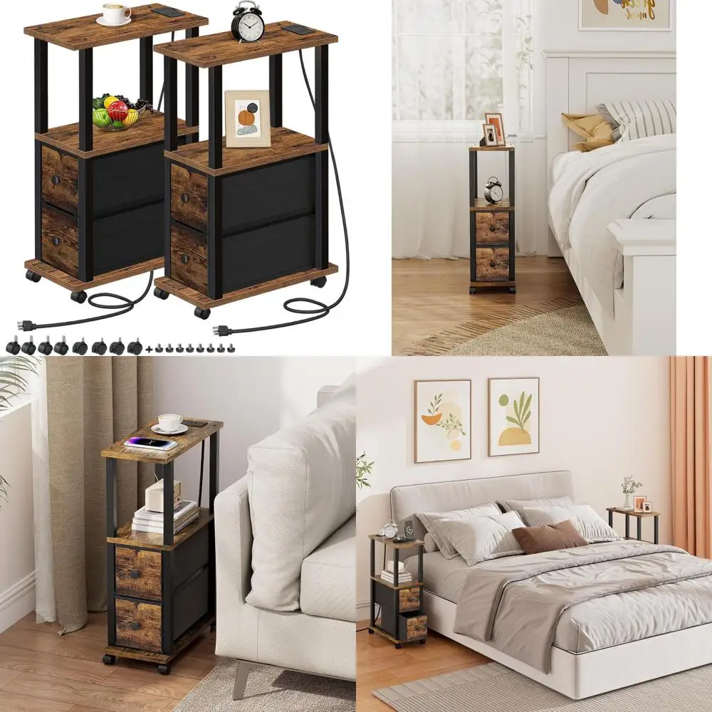 

Compact Double Drawer Side Tables with USB Charging and Wheels for Space-Saving Bedrooms