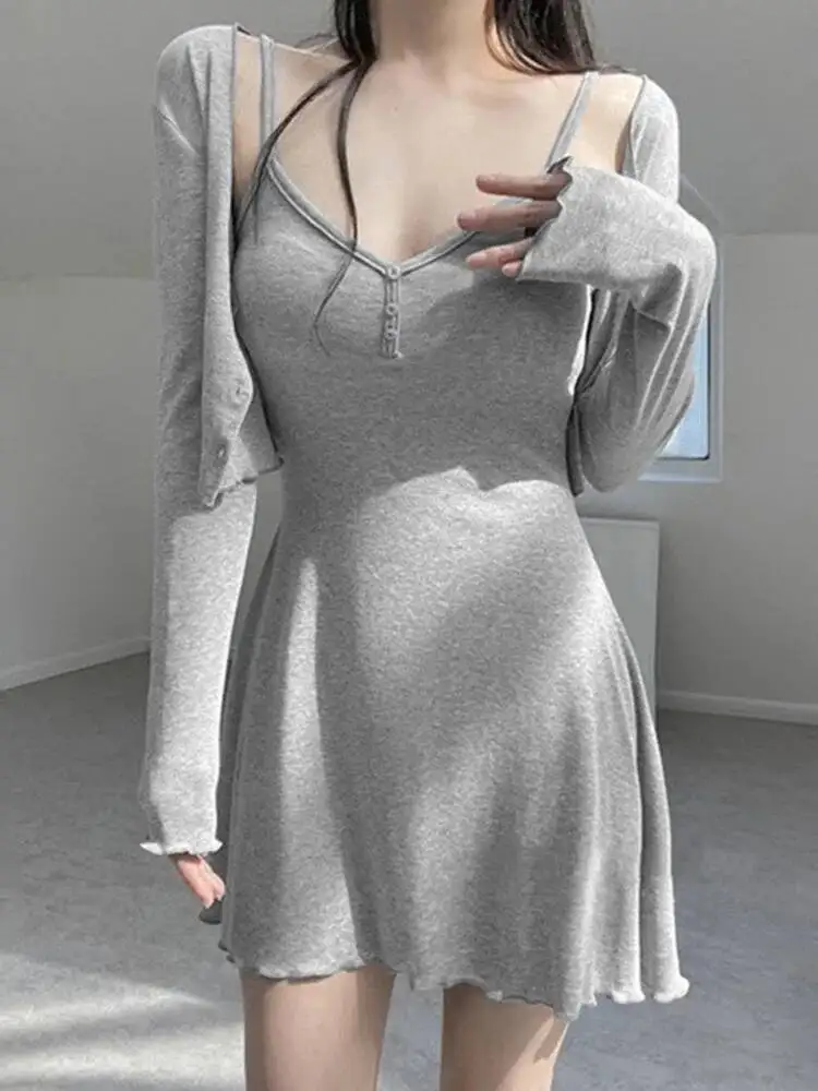 WOMENGAGA كوريا جديد مثير المؤنث رقيقة طويلة الأكمام تي شيرت تيز + سليم حبال فستان قصير الخامس الرقبة قطعتين النساء فساتين 836L #5