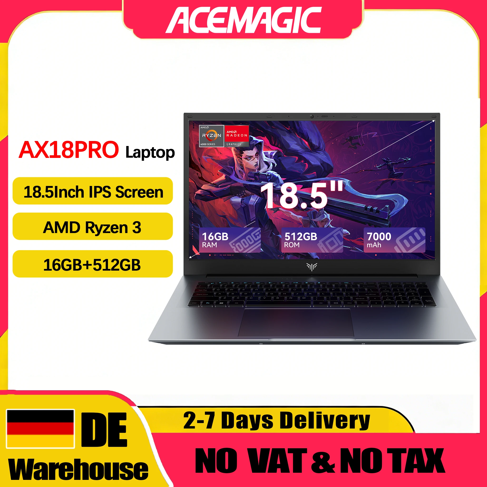 Computadora Portátil ACEMAGIC AX18PRO de 18.5 Pulgadas, Windows 11 PRO, Batería de 7000 mAh, Procesador AMD Ryzen 3 4300U, 16 GB de RAM DDR4, SSD de 512 GB, Wifi5