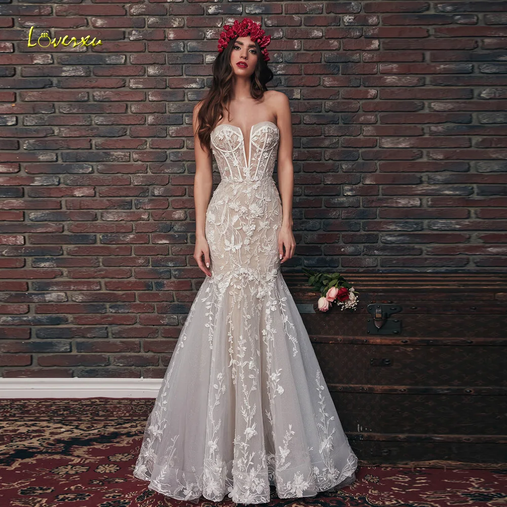 Loverxu Mermaid Mondern Wedding Dresses Strapless Sleeveless Vestido De Novia Appliques Romantic Sexy Custom Made Bridal Gown