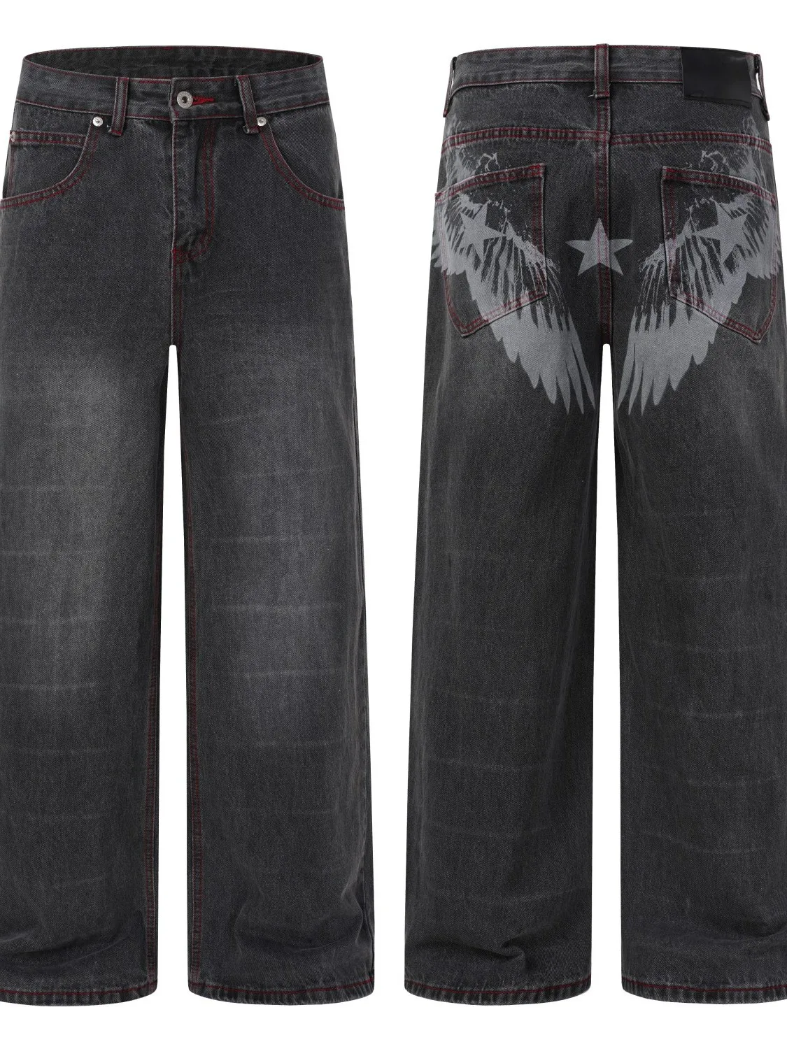 American High Street Vintage Denim Jeans Wings Star Print Loose Straight Leg Pants Unisex Red Bright Line Color Block Long Tr...