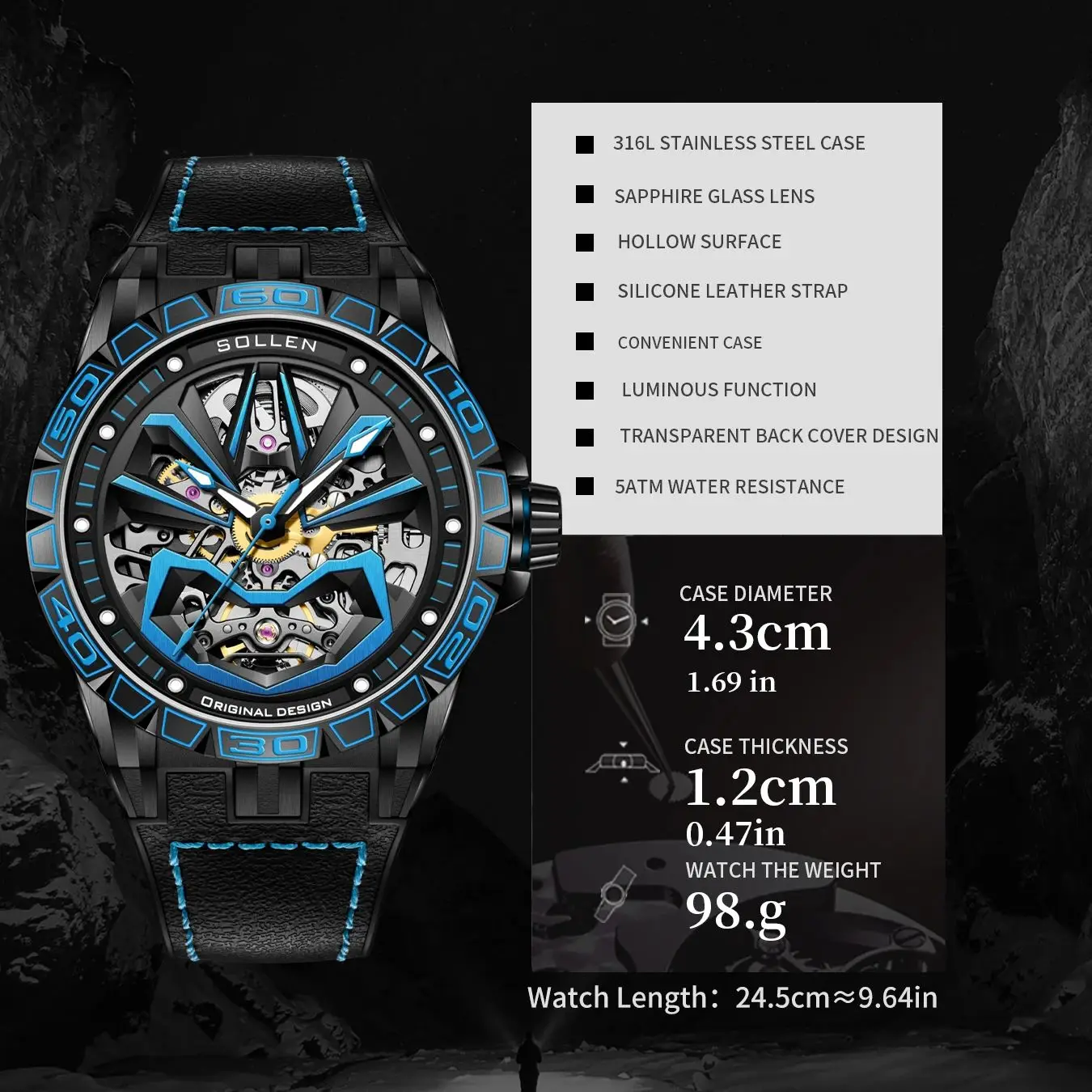 SOLLEN Face Collection Watch Men\'s Fully Automatic Mechanical Watch Waterproof Luminous Watch as a Birthday Gift for Boyfriend