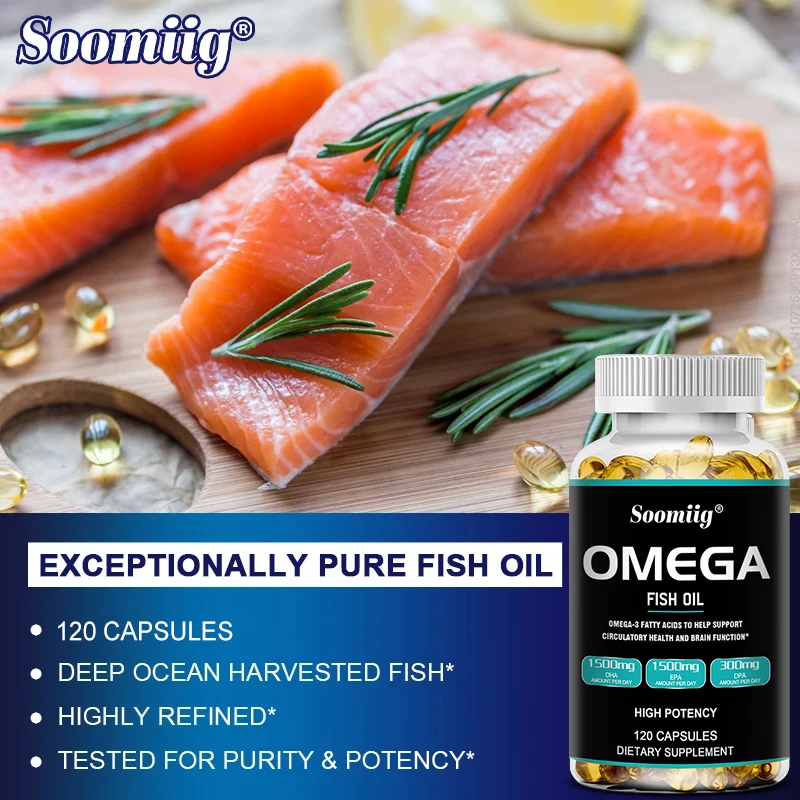 Soomiig Wild Caught Omega 3 Fish Oil - 120 Softgels - 1500 Mg DHA 1500 Mg EPA 300 Mg DPA Non-GMO Gluten-Free Dietary Supplement