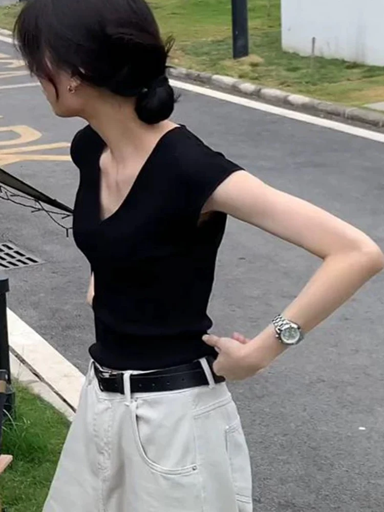 

New Women's Flutter Sleeve 100% Lyocell Knitted T-Shirt V-Neck Soft Simple Basic Slim Fit Comfortable Girls Tank Streetwear Tops