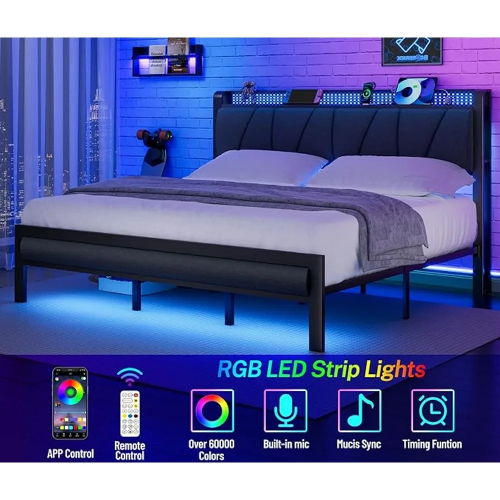 King Bed Frame with Headboard and LED Light, Upholstered Platform with Power Outlet and USB Port, King Size Bed image 3