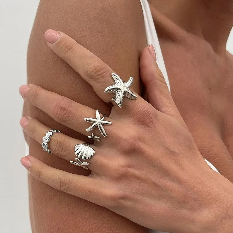 4Pcs/set Starfish Shell Hot Sale Open Rings for Women Men Gold Color Irregular Textured Adjustable Rings Set Jewelry Gifts image 3