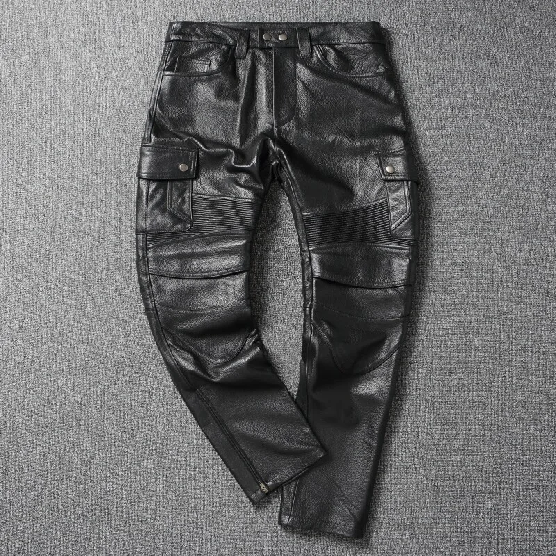 Motorcycle and Locomotive Cycling Pants Plus Protective Gear Trousers Leather Men Tooling Multi-pocket Leather Trousers