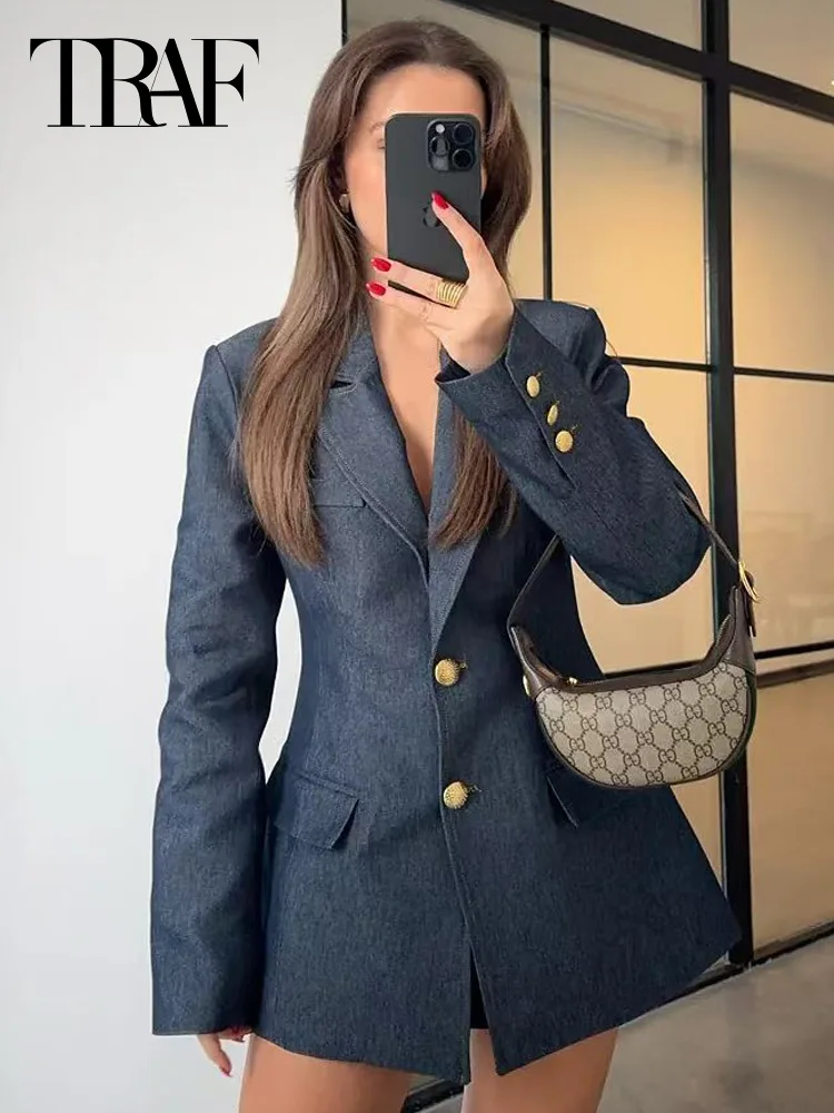 TRAF 2025 Women's Blazer Denim Fitted Jacket Outerwears Black Long Sleeve Blazer Coat Elegant Button Up Blazer Office Wear Women