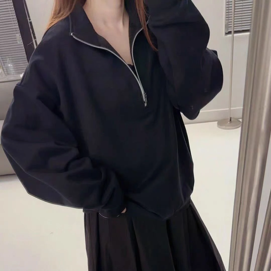 OLA Women Spring and Autumn Splicing Pullovers Half High Collar Zipper Fashion Solid Loose Casual Mens Long Sleeve Sweatshirts